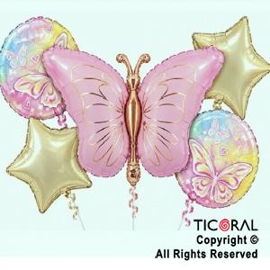 SET DE GLOBOS METALIZADO MARIPOSA TONOS ROSA 5 UNIDADES